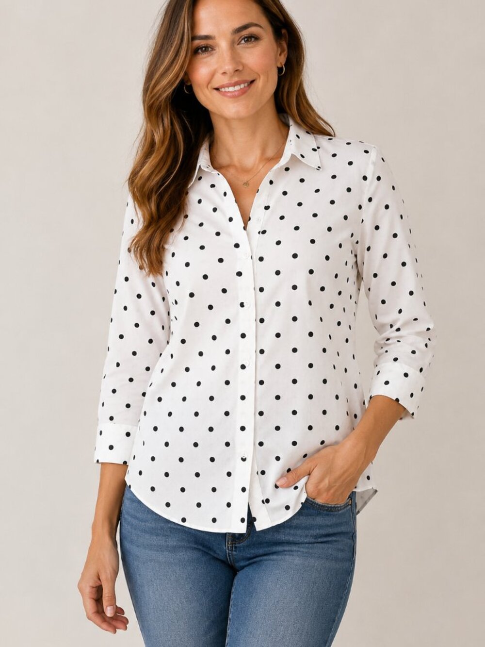 Talbots Wrinkle Resistant White Black Polka Dot Stretch Cotton Blouse
